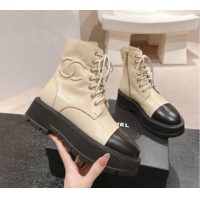 Pretty Style Chanel Shiny Calfskin Lace-up Platform Ankle Boots 5cm with Side CC Light Beige 015113