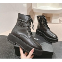 Top Grade Chanel Calfskin Leather Lace-up Platform Ankle Boots 5cm with Side CC Black 015114