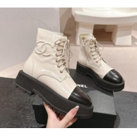 Luxurious Chanel Shiny Calfskin Lace-up Platform Ankle Boots 5cm with Side CC White 015115