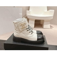 Good Looking Chanel Quilted Calfskin Lace-up Ankle Boots with Chain CC White 1015118