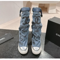 Feminine Chanel Denim Sneaker High Boots with Buckle Light Blue 1015119