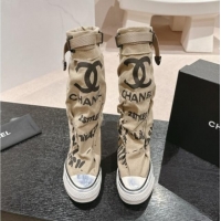 Good Product Chanel Denim Sneaker High Boots with Buckle Beige 015120