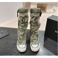 Durable Chanel Denim Sneaker High Boots with Buckle Green 1015121