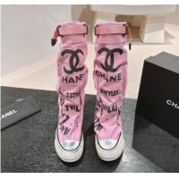 Good Quality Chanel Denim Sneaker High Boots with Buckle Pink 015122