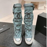 Unique Style Chanel Denim Sneaker High Boots with Buckle Blue 015123