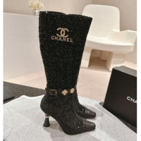 Grade Quality Chanel Tweed and Sequins High Boots with Charms Buckle Strap Black 1016001