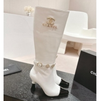 Luxury Chanel Calfskin High Boots with Charms Buckle Strap White 016003