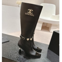 Purchase Chanel Calfskin High Boots with Charms Buckle Strap Black 016004