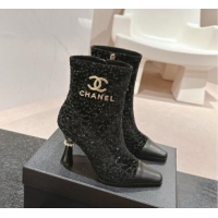 Luxury Cheap Chanel Tweed and Sequins Ankle Boots with Charms Buckle Strap Black 016005