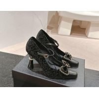 Good Looking Chanel Tweed & Sequins Mary Janes Pumps with Bow Black 1016013