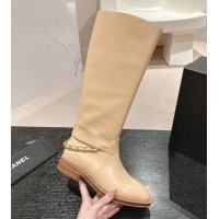 Unique Style Chanel Calfskin High Boots with Chain Beige 016017