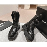 Hot Style Chanel Shiny Calfskin Platform Lace-up Ankle Boots Black 016033 