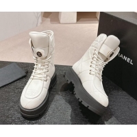 Good Product Chanel Calfskin Platform Lace-up Ankle Boots White 016034