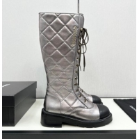 Pretty Style Chanel Quilted Calfskin High Lace-up Boots Silver 1016041