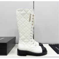 Luxurious Chanel Quilted Calfskin High Lace-up Boots White 1016042