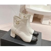 Durable Chanel Calfskin Ankle Boots with Stone CC White 1016045