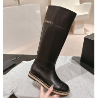 Popular Style Chanel Calfskin Wood High Boots with Chain Black 1016052