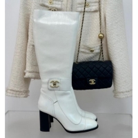 Classic Hot Chanel Calfskin High Boots 8cm with CC Strap White 1016060