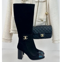 Good Quality Chanel Suede High Boots 8cm with CC Strap Black 1016061