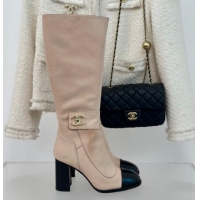 Grade Quality Chanel Suede High Boots 8cm with CC Strap Nude 016062