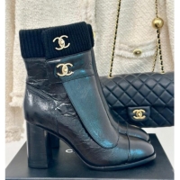 1:1 aaaaa Chanel Calfskin & Knit Ankle Boots 8cm with CC Black 016063