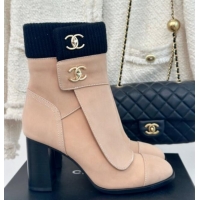 1:1 Chanel Calfskin & Knit Ankle Boots 8cm with CC Nude 016064