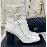 Grade Chanel Calfskin & Knit Ankle Boots 8cm with CC White 1016065