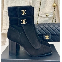 Sophisticated Chanel Suede & Knit Ankle Boots 8cm with CC Black 016066