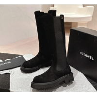 Top Grade Chanel Suede & Elastic High Boots Black 1016075