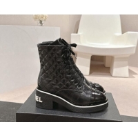 Unique Style Chanel Contrasting Patent Calfskin Laced-up Ankle Boots Black 1016079