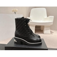 Good Quality Chanel Contrasting Calfskin Leather Laced-up Ankle Boots Black 1016080