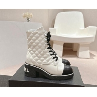 Shop Duplicate Chanel Contrasting Calfskin Laced-up Ankle Boots White 1016081