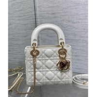 Top Grade Dior Dioramour Mini Lady Dior Bag in Cannage Lambskin with Heart Charm 1095 White 2024