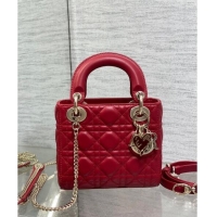 Best Quality Dior Dioramour Mini Lady Dior Bag in Cannage Lambskin with Heart Charm 1095 Red 2024