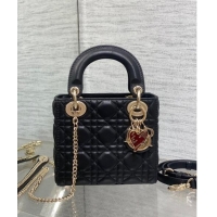 Low Cost Dior Dioramour Mini Lady Dior Bag in Cannage Lambskin with Heart Charm 1095 Black 2024