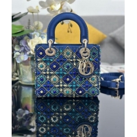 Top Quality Dior Small Lady Bag in Satin Embroidered with Beads and Strass M0538 Blue 2024