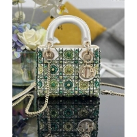 Best Price Dior Mini Lady Bag in White Satin Embroidered with Beads and Strass M0505 Green 2024