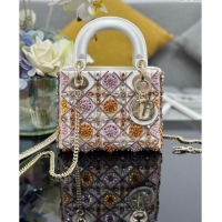 Well Crafted Dior Mini Lady Bag in White Satin Embroidered with Beads and Strass M0505 Pink 2024