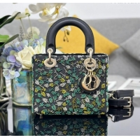 Best Price Dior Small Lady Dior Bag in Black Satin Embroidered with Green Beads M0538 2024