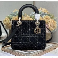 Top Grade Dior Medium Lady Dior Bag in Cannage Tweed 0565 Black 2024