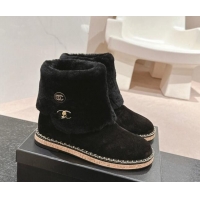 Good Product Chanel Suede & Wool Fur Wood Ankle Boots Black 1016083