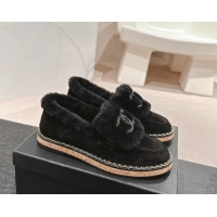 Grade Quality Chanel Suede & Wool Fur Wood Loafers Black 1016085