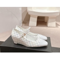 Popular Style Chanel Quilted Calfskin & Patent Mary Janes Wedge Pumps White 016093