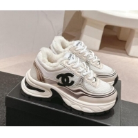 Classic Hot Chanel Calfskin, Mesh and Wool Sneakers White/Champagne 1016099