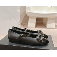 Duplicate Chanel Calfskin & Patent Mary Janes Ballet Flats with Bow and Chain Black 1016112