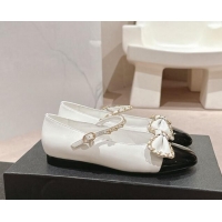 Hot Style Chanel Calfskin & Patent Mary Janes Ballet Flats with Bow and Chain White 016113