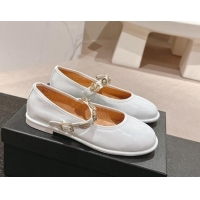 Best Price Chanel Patent Calfskin Mary Janes Ballet Flat with Charm White 1016119