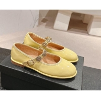 Luxury Cheap Chanel Patent Calfskin Mary Janes Ballet Flat with Charm Yellow 1016121