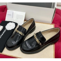 Grade Chanel Shiny Calfskin Loafers with CHANEL Chain Black 1016132