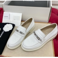 Unique Style Chanel Shiny Calfskin Loafers with CHANEL Chain White 1016133